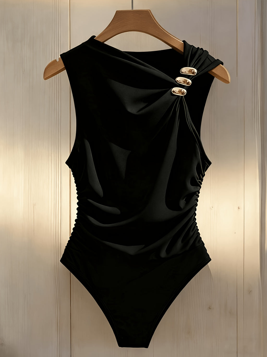 Asymmetric Neckline with Metal Buckle Detailing, Waist-cinching Bodycon Jumpsuit