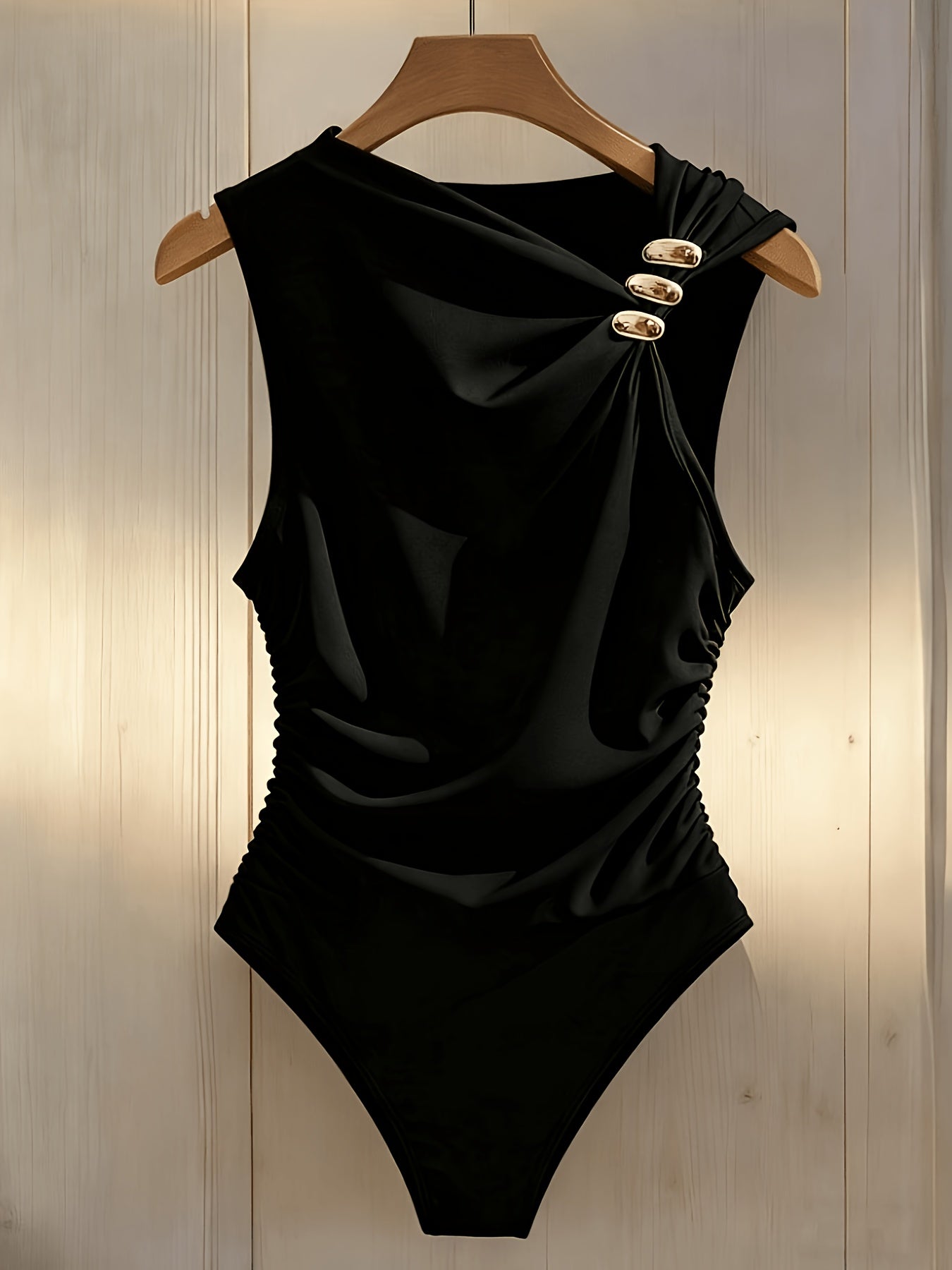 Asymmetric Neckline with Metal Buckle Detailing, Waist-cinching Bodycon Jumpsuit