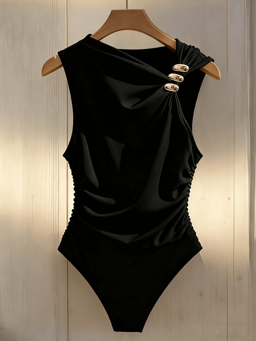 Asymmetric Neckline with Metal Buckle Detailing, Waist-cinching Bodycon Jumpsuit